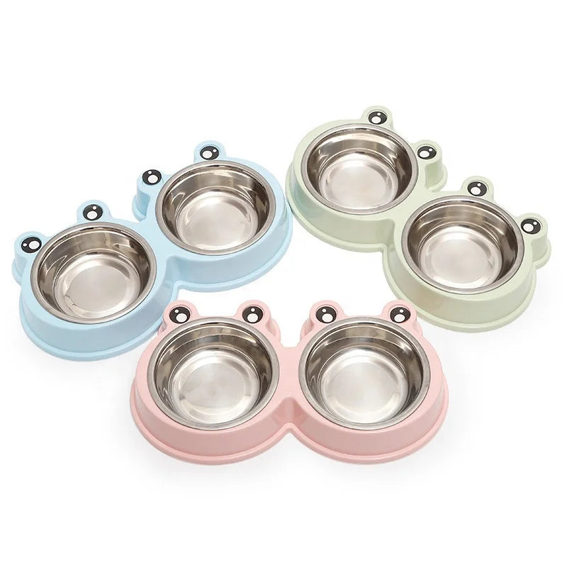 Eco-Friendly Double Dog Bowls – Cute Frog Design with Plastic Base & Stainless Steel Inserts