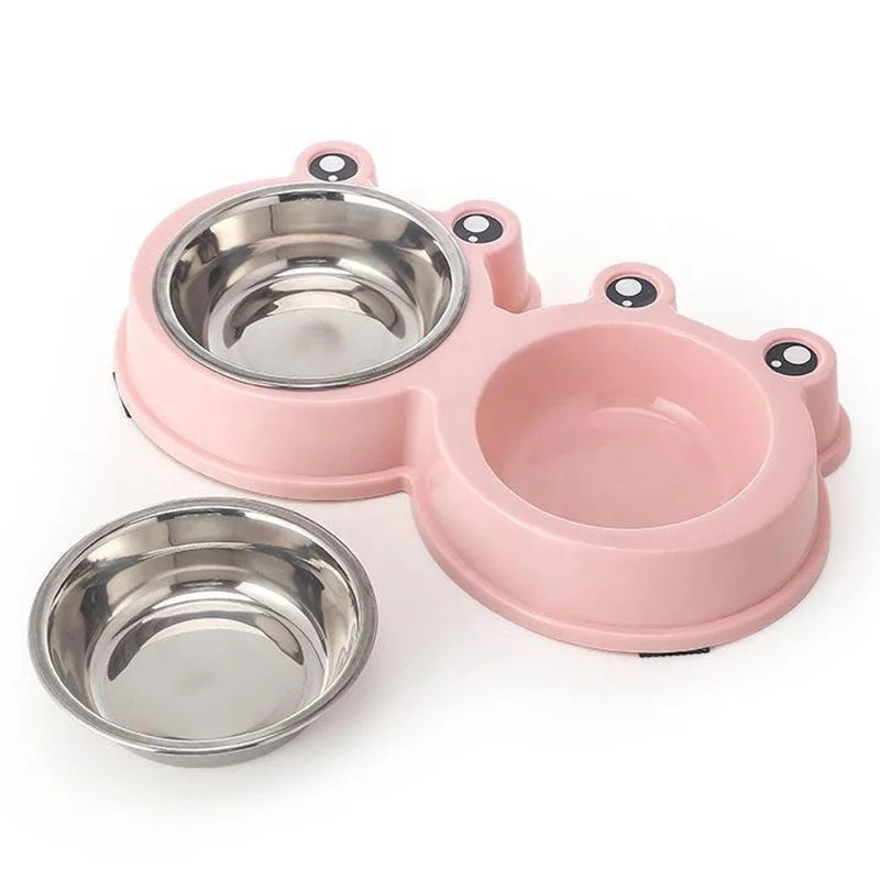 Eco-Friendly Double Dog Bowls – Cute Frog Design with Plastic Base & Stainless Steel Inserts