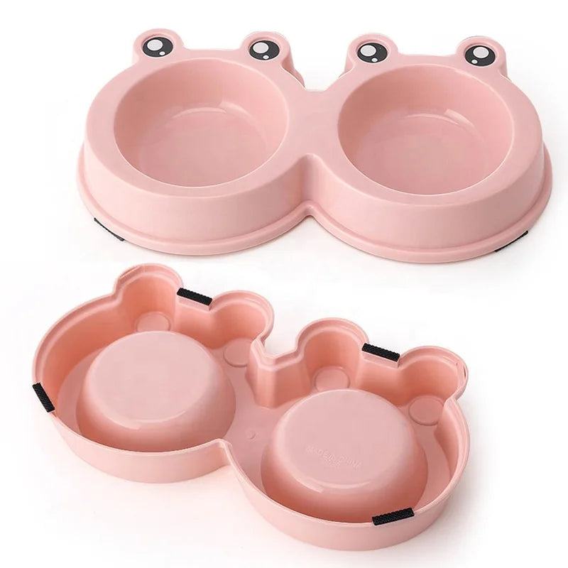 Eco-Friendly Double Dog Bowls – Cute Frog Design with Plastic Base & Stainless Steel Inserts