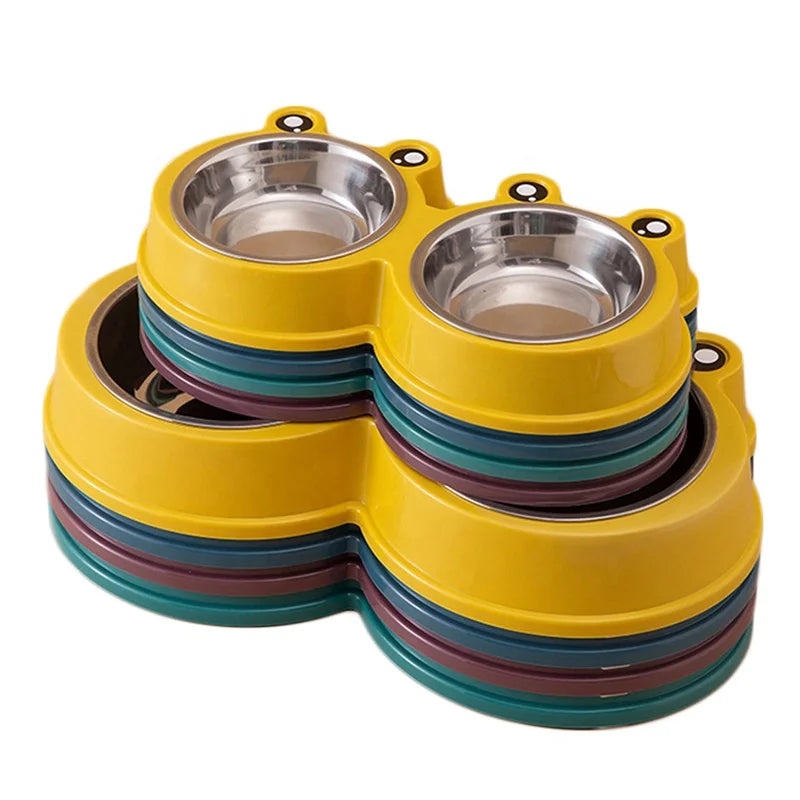 Eco-Friendly Double Dog Bowls – Cute Frog Design with Plastic Base & Stainless Steel Inserts