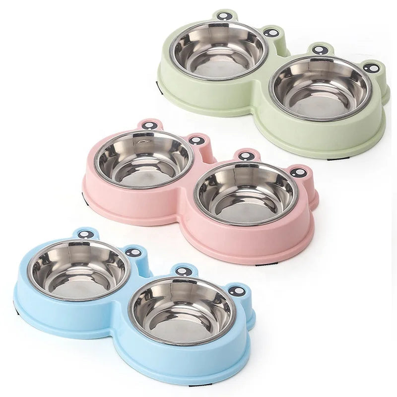 Eco-Friendly Double Dog Bowls – Cute Frog Design with Plastic Base & Stainless Steel Inserts