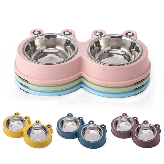 Eco-Friendly Double Dog Bowls – Cute Frog Design with Plastic Base & Stainless Steel Inserts