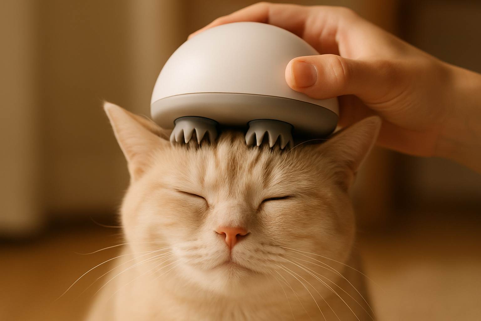 make massager only have 4 heads, make the top of the massager more round and not just flat and also keep this frame where the cat is looking straight, and make the massager actually touching the cats head